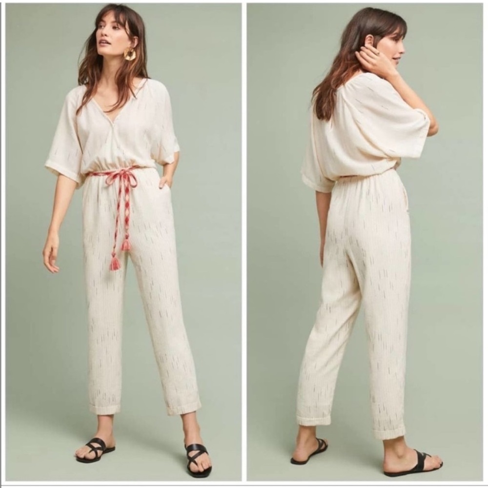 Feather Bone by Anthropologie Soleil Textured Stripe Bohemian Jumpsuit